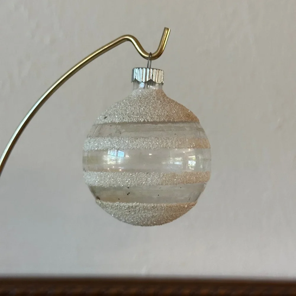 Vtg Shiny Brite Glass Unsilvered Christmas Ornament White Mica Stripe USA Made
